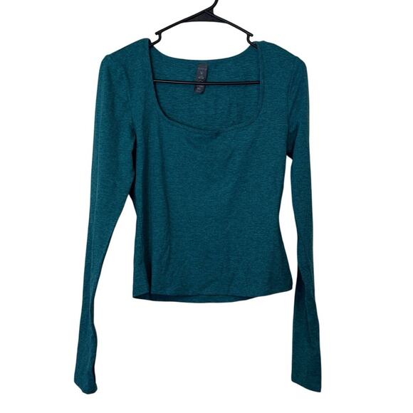 NWT Zobha Sunny Top In Heather Fanfare Size M Teal Square Neck Thumbholes Fitted - Picture 2 of 8